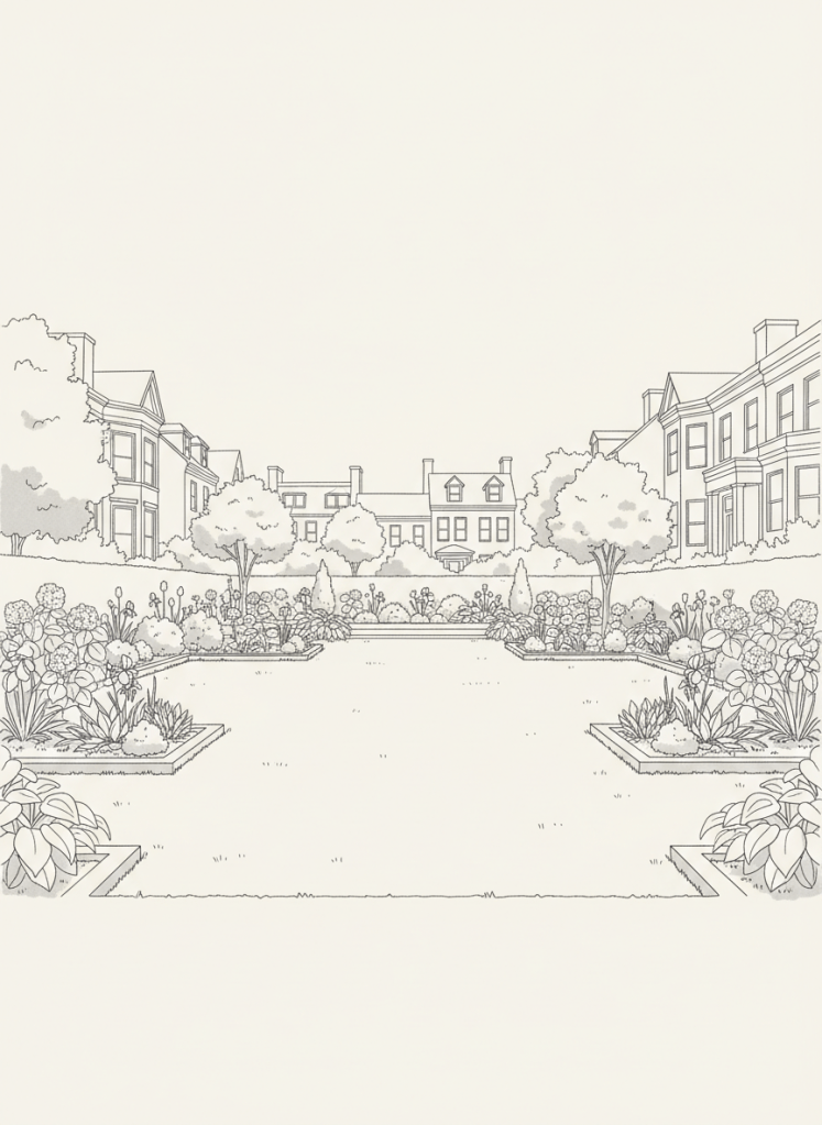 Elegant line-art illustration of a meticulously maintained residential garden in Boston, featuring a wide, lush lawn of professional-grade grama with precise, crisp edges. Surrounding the lawn are geometric planting beds filled with stylized shrubs and flowering perennials, all drawn with clean, sophisticated black lines on a soft off-white background. The scene is framed by a minimal suggestion of classic New England townhouses in the distance. Soft, diffused daylight is implied through subtle line weight and delicate shadow hatching, creating a calm, refined atmosphere. Composed from a slightly elevated, wide-angle perspective with clear foreground, middle ground, and background, the image emphasizes order, balance, and professional landscaping craftsmanship in a modern, minimalist style.